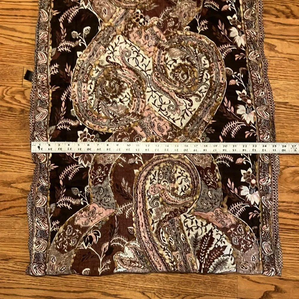 Raj Infinity Scarf Boho Brown Tan Maroon black paisley pattern reversable knit